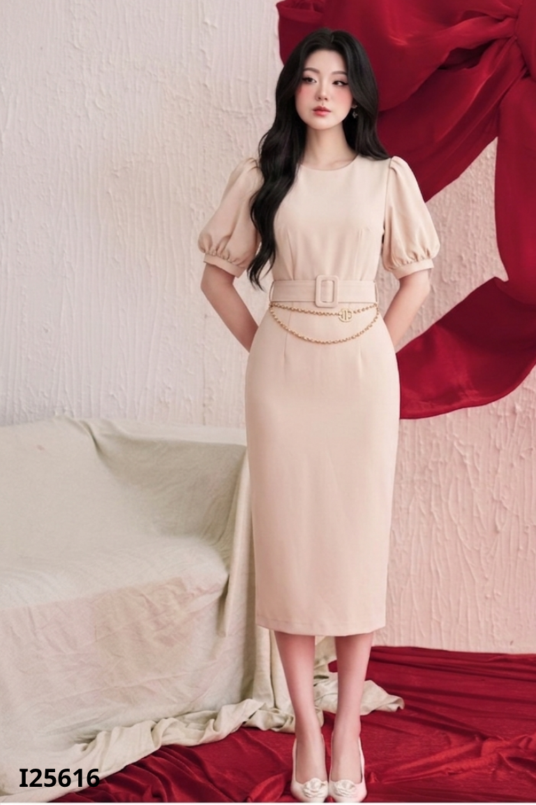 Váy hồng cổ tròn có đai eo PT FASHION