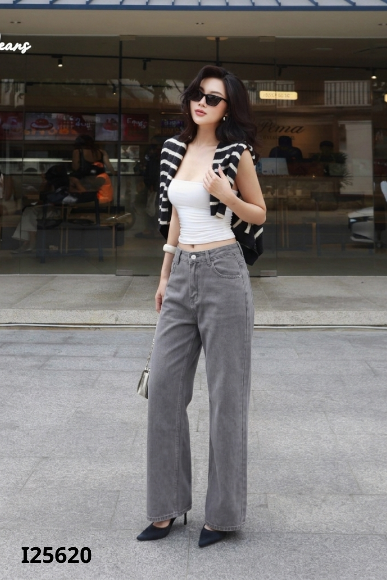 Quần jean ống rộng xám trơn