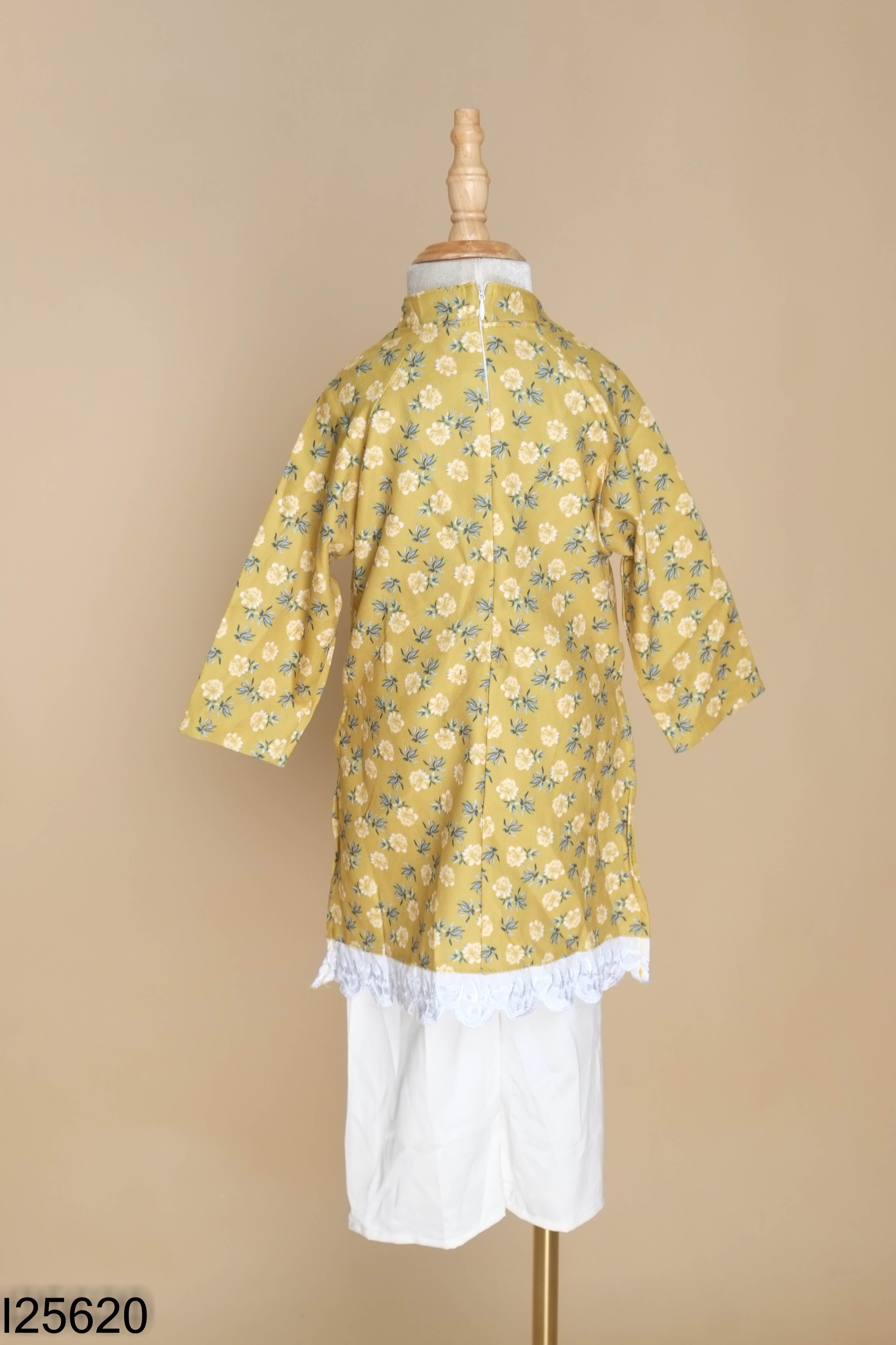 Set áo dài xanh họa tiết + quần lụa trắng KIDS