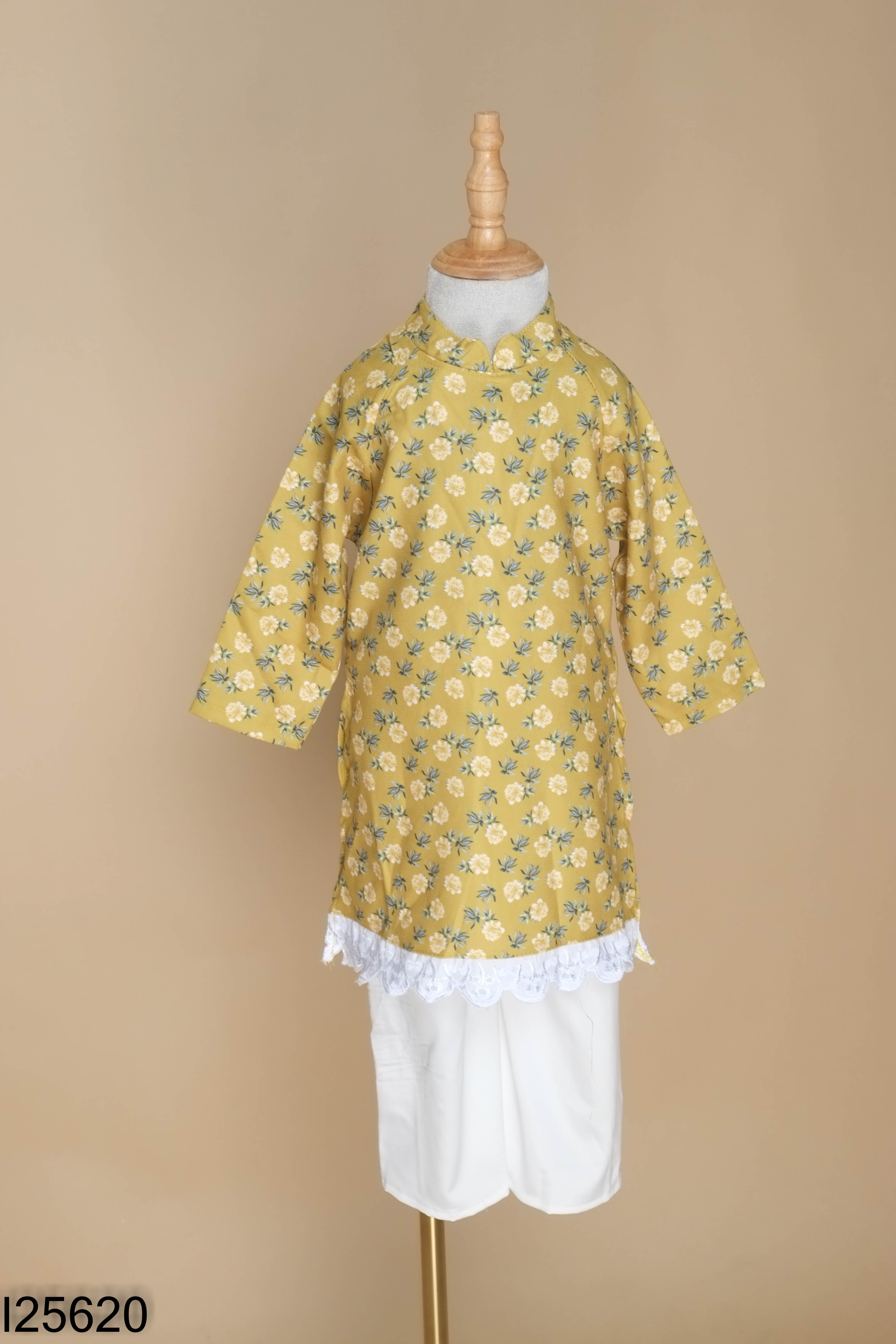 Set áo dài xanh họa tiết + quần lụa trắng KIDS