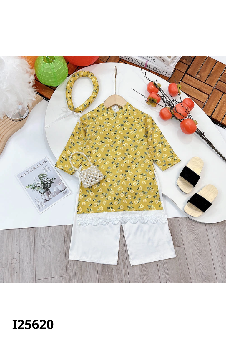 Set áo dài xanh họa tiết + quần lụa trắng KIDS