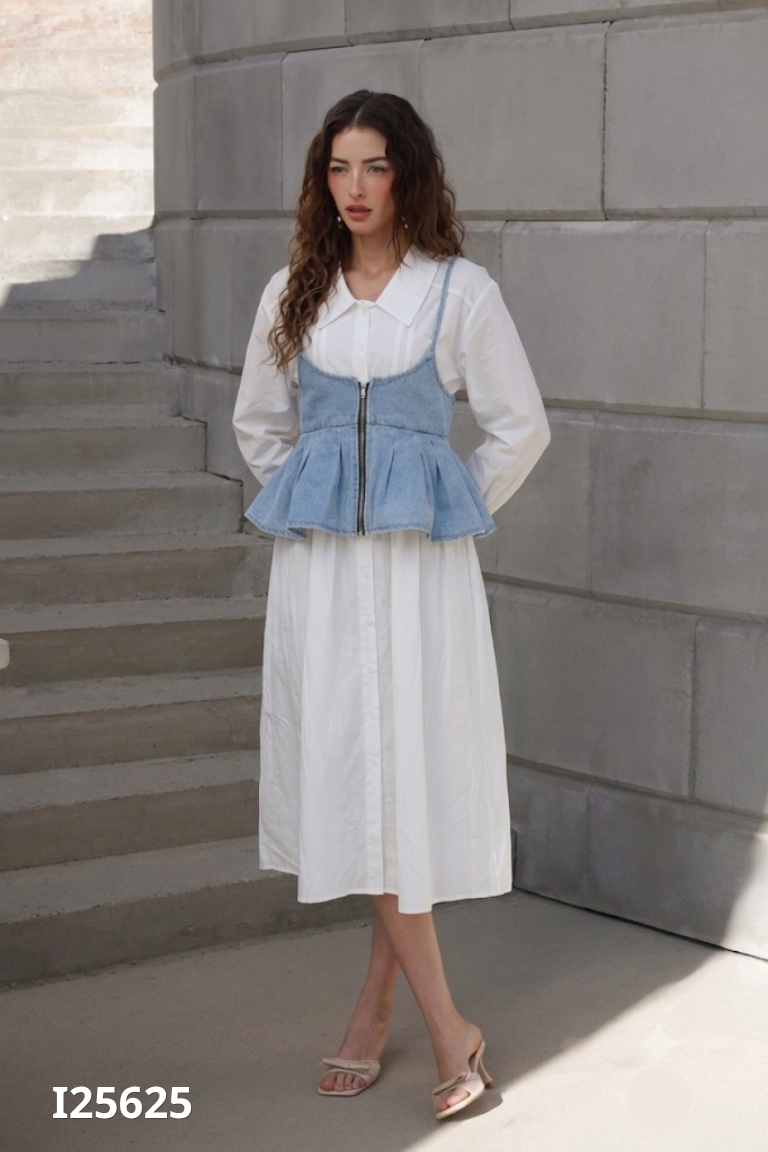SET áo sơ mi trắng bèo+ áo 2 dây jeans xanh