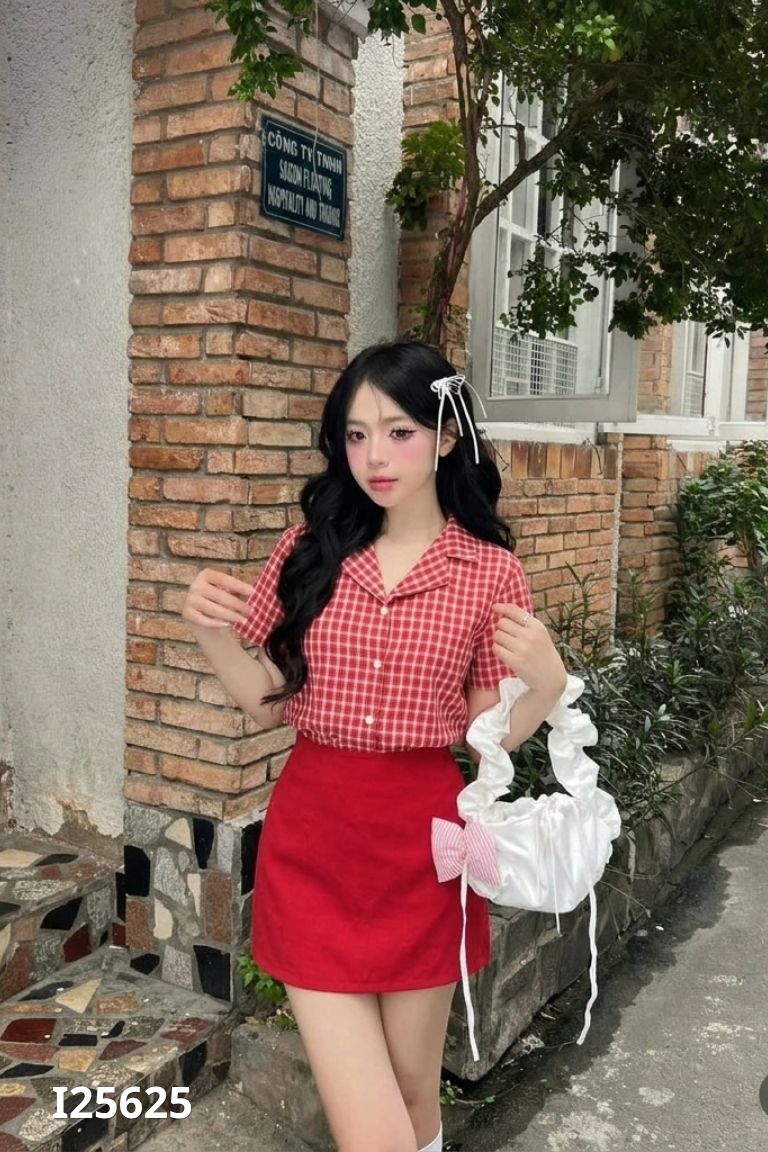 SET áo đỏ kẻ+ chân váy đỏ