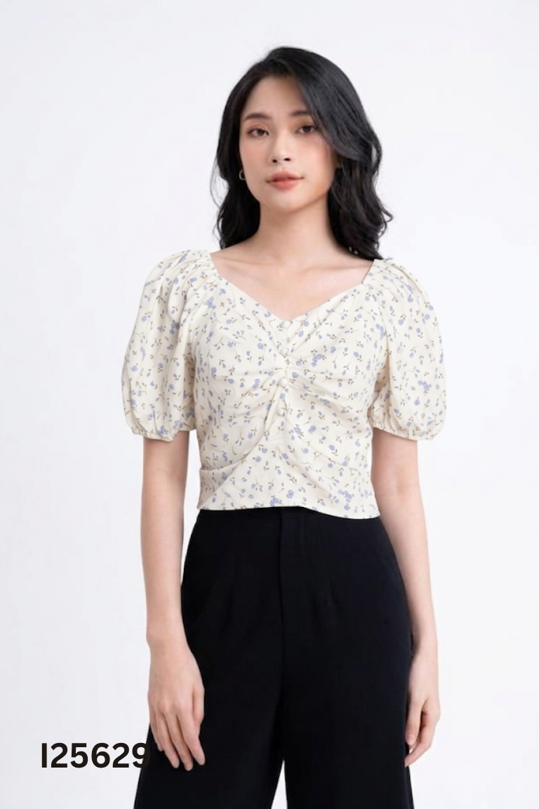 Áo kiểu kem hoa nhí bo chun lưng