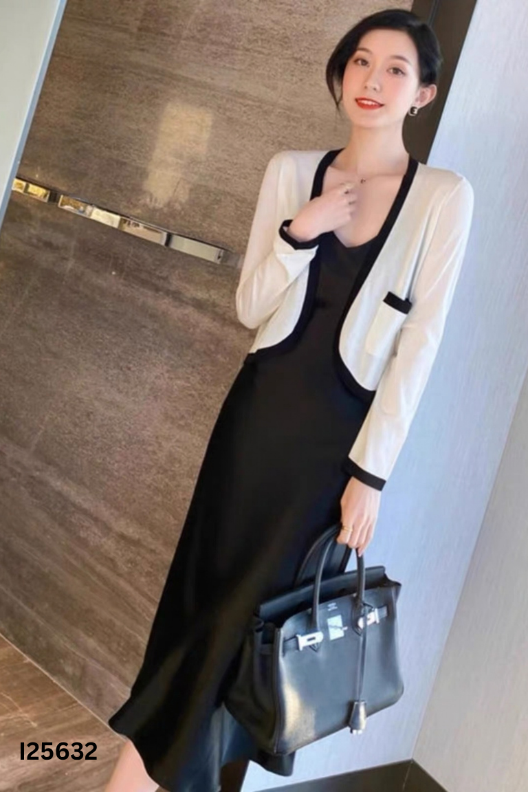 Áo cardigan choàng trắng viền đen