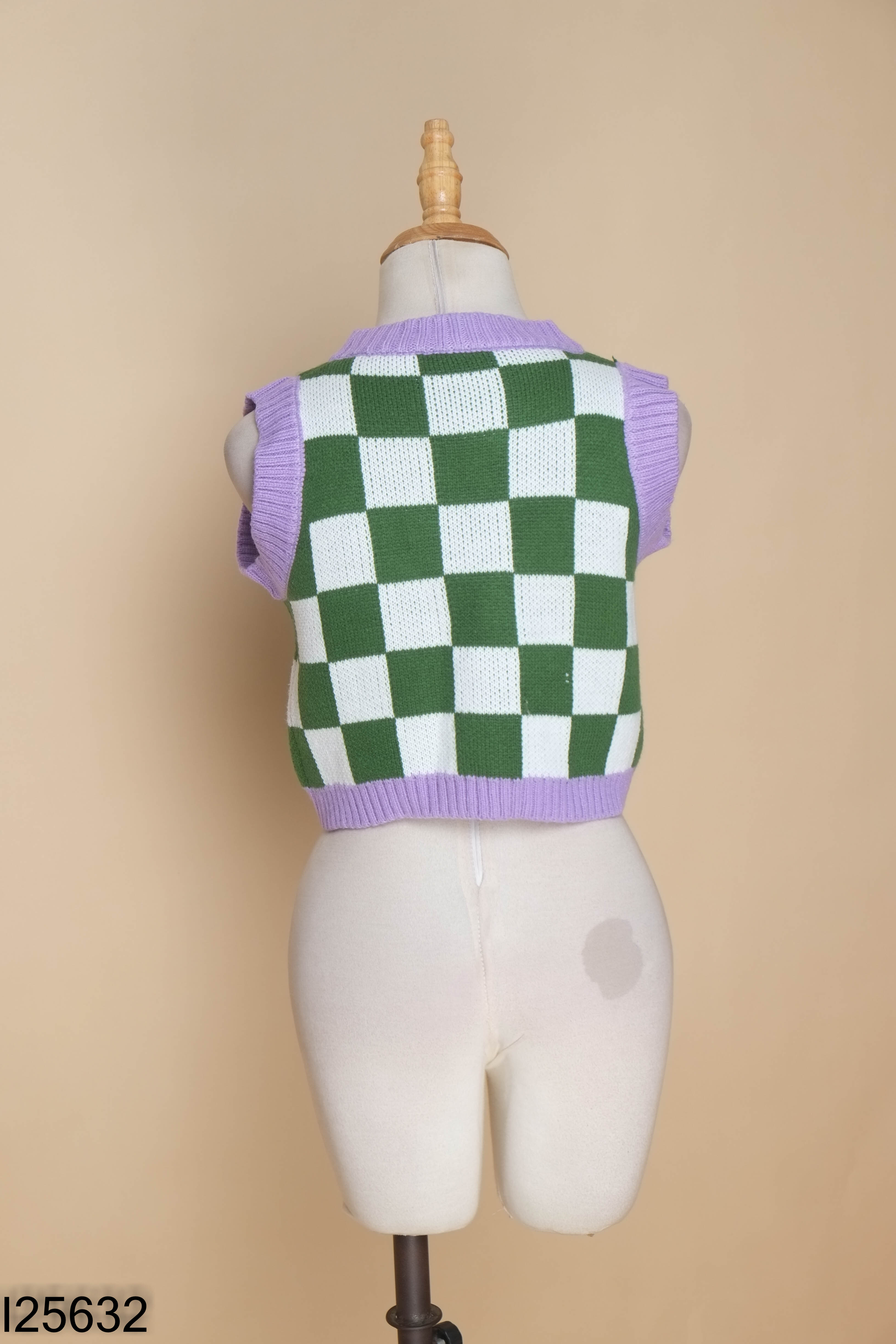 Áo gile len xanh trằn caro croptop