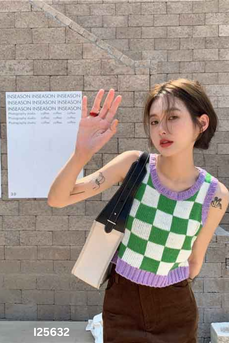 Áo gile len xanh trằn caro croptop