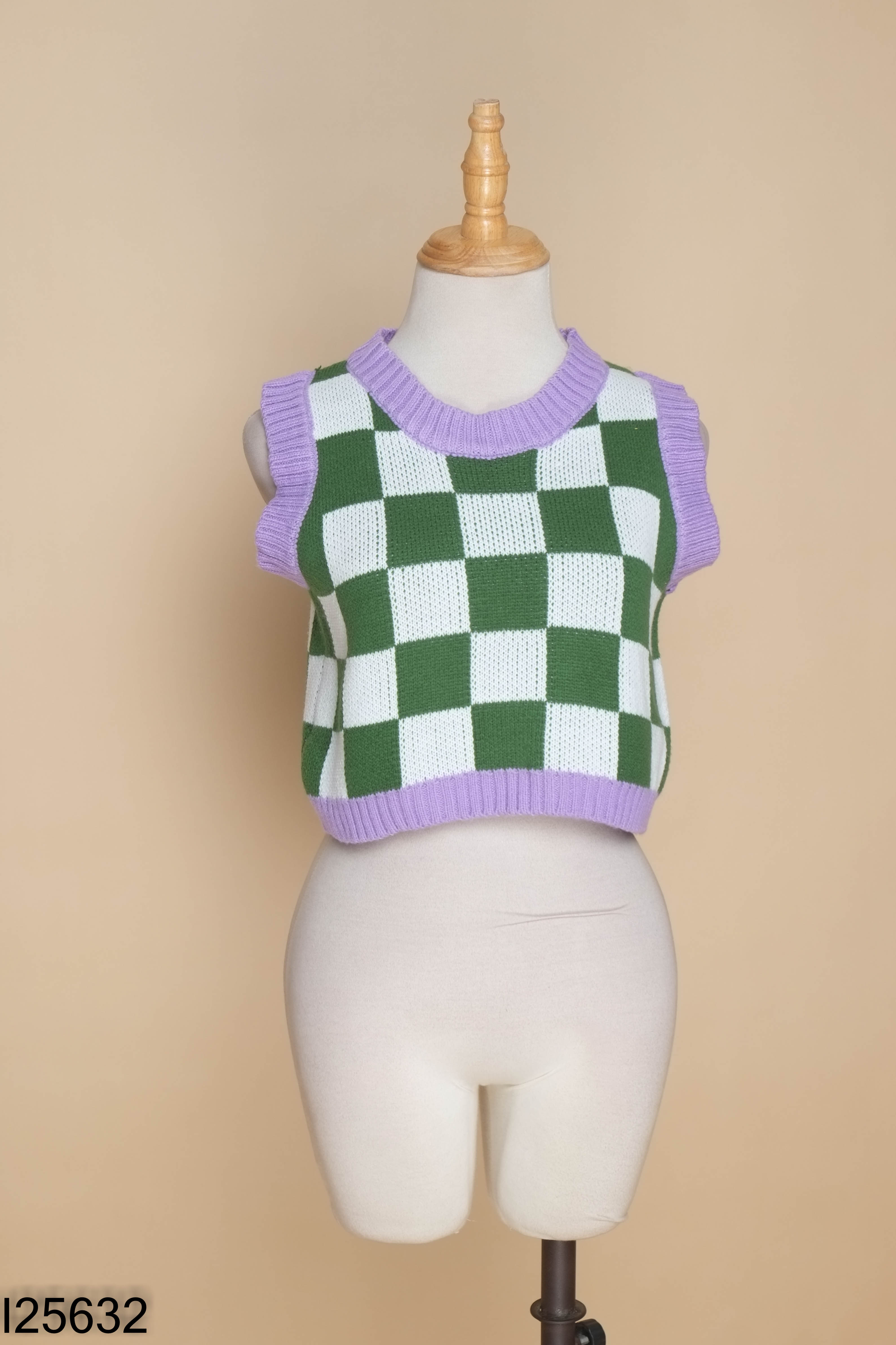 Áo gile len xanh trằn caro croptop