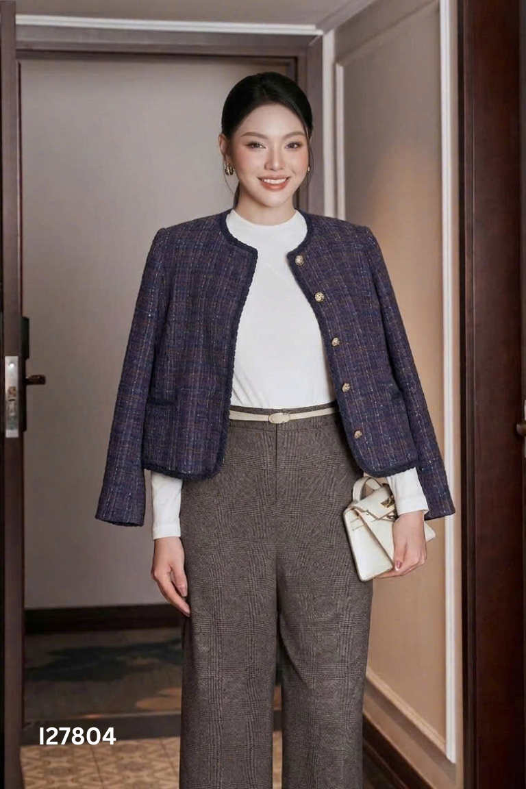 Áo khoác dạ tweed xanh tím mix màu