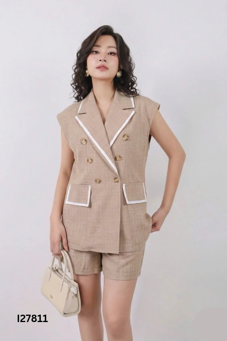 Set áo gile + quần shorts hồng