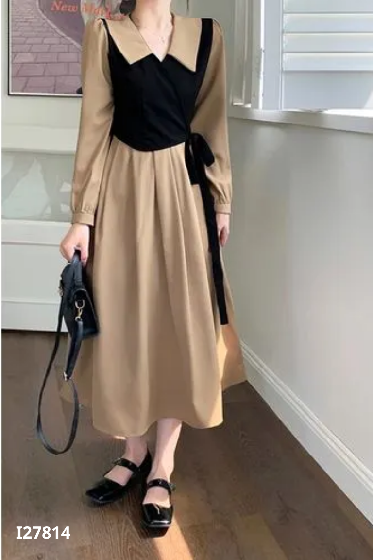 Váy nâu mix đen buộc dây eo