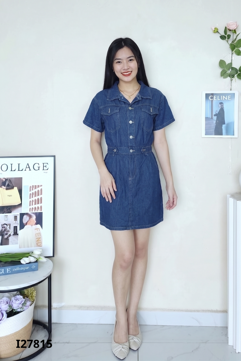 Váy jeans xanh túi ngực
