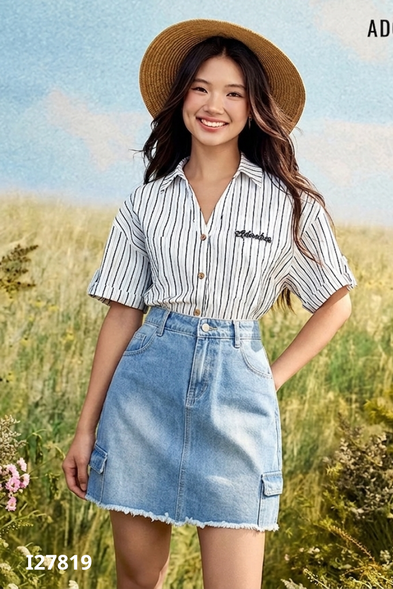 Chân váy jeans xanh ngắn GENVIET