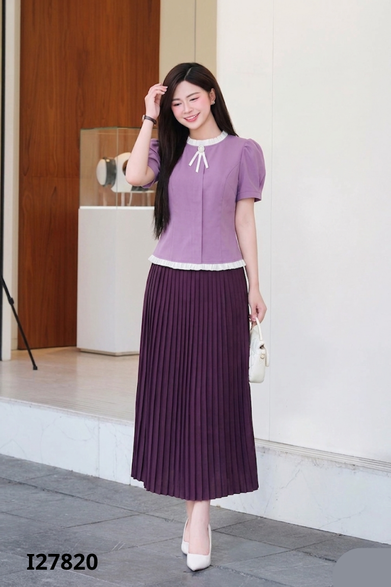 Set tím+váy xếp li LEO'S WEARING