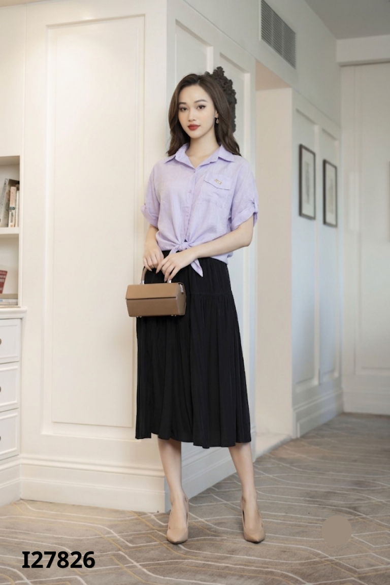SET áo sơ mi tím+ chân váy đen xếp li