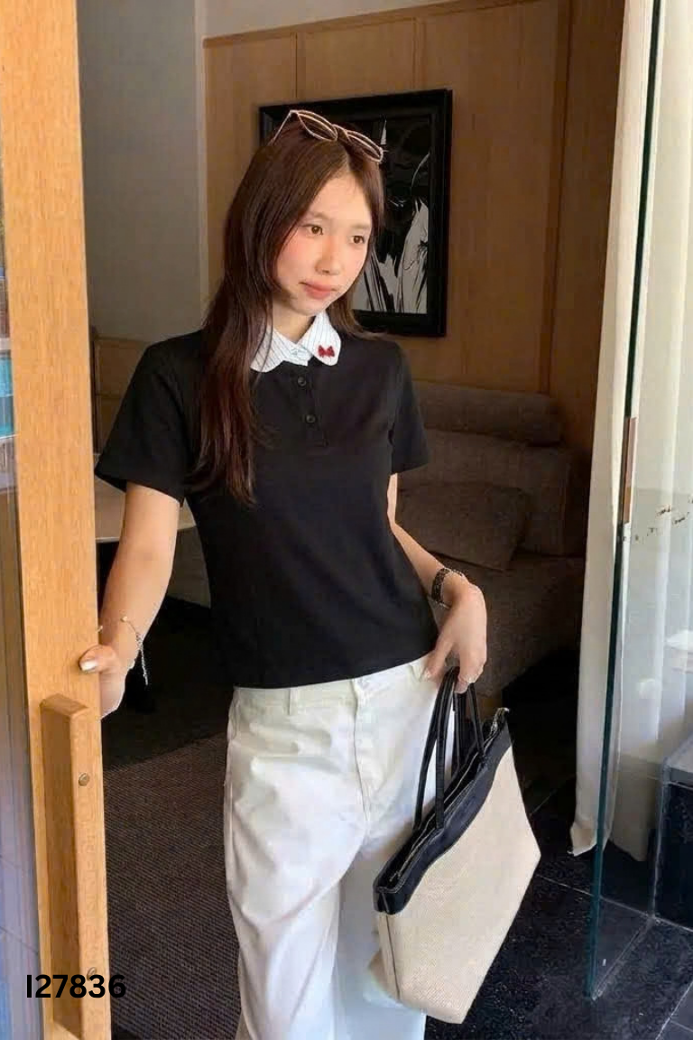 Áo polo đen cổ trắng kẻ