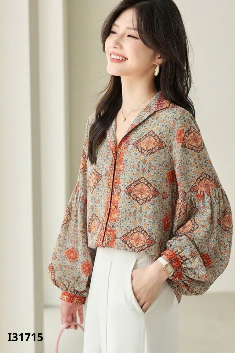 Áo sơ mi xanh họa tiết THUY PHAM