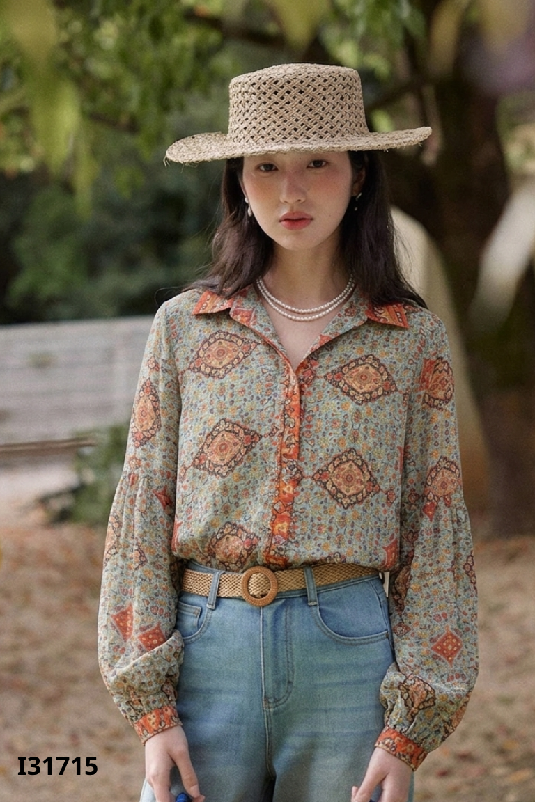 Áo sơ mi xanh họa tiết THUY PHAM