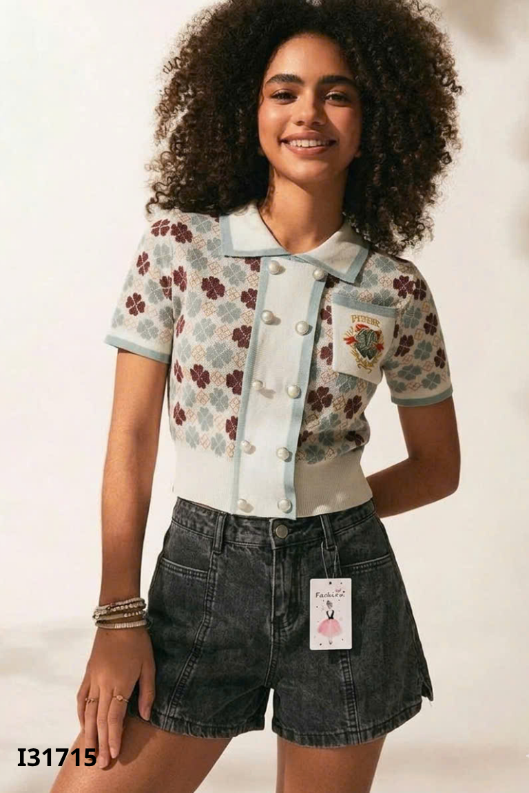 NEWTAG set áo len trắng+shorts jeans đen
