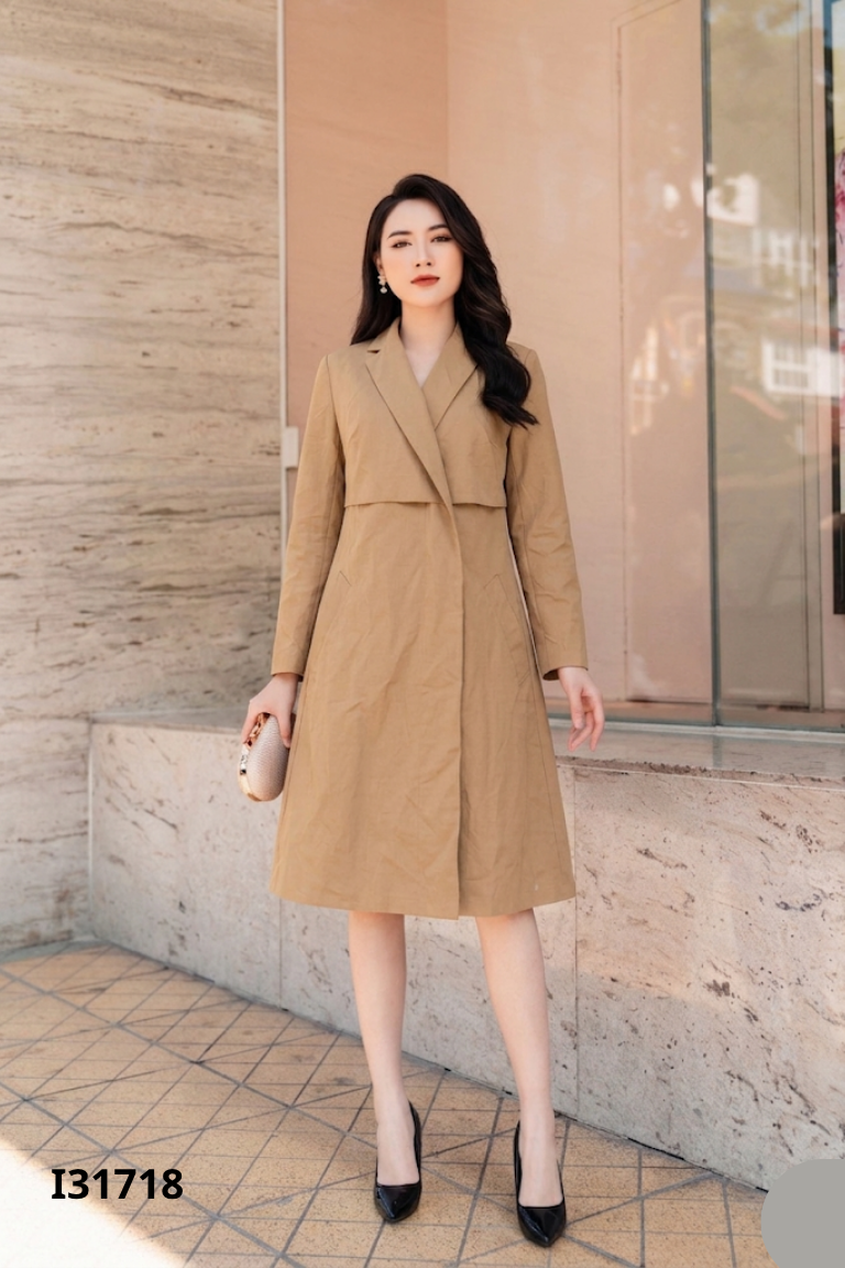 Váy cổ vest nâu tay dài