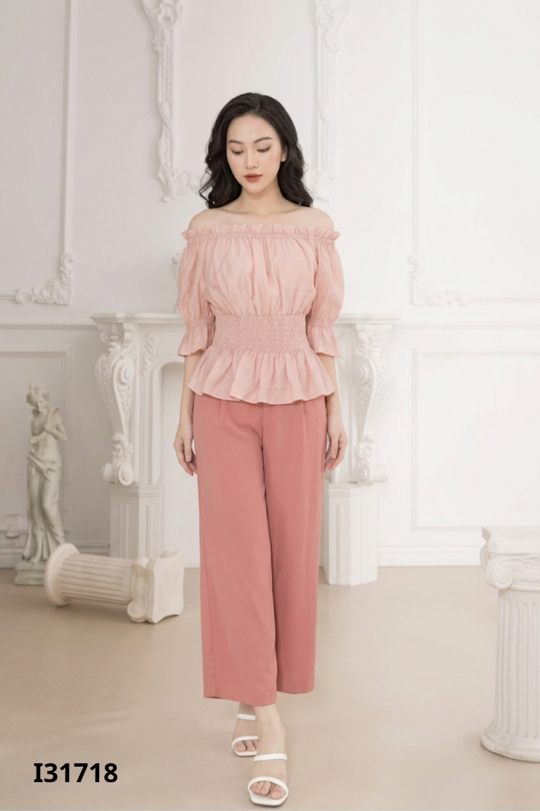 Set hồng áo trễ vai+quần ELIISE