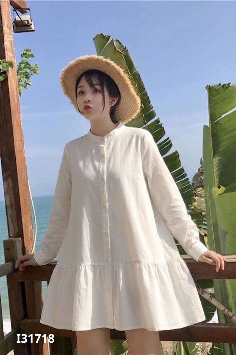 Áo sơ mi be cổ tàu dài tay
