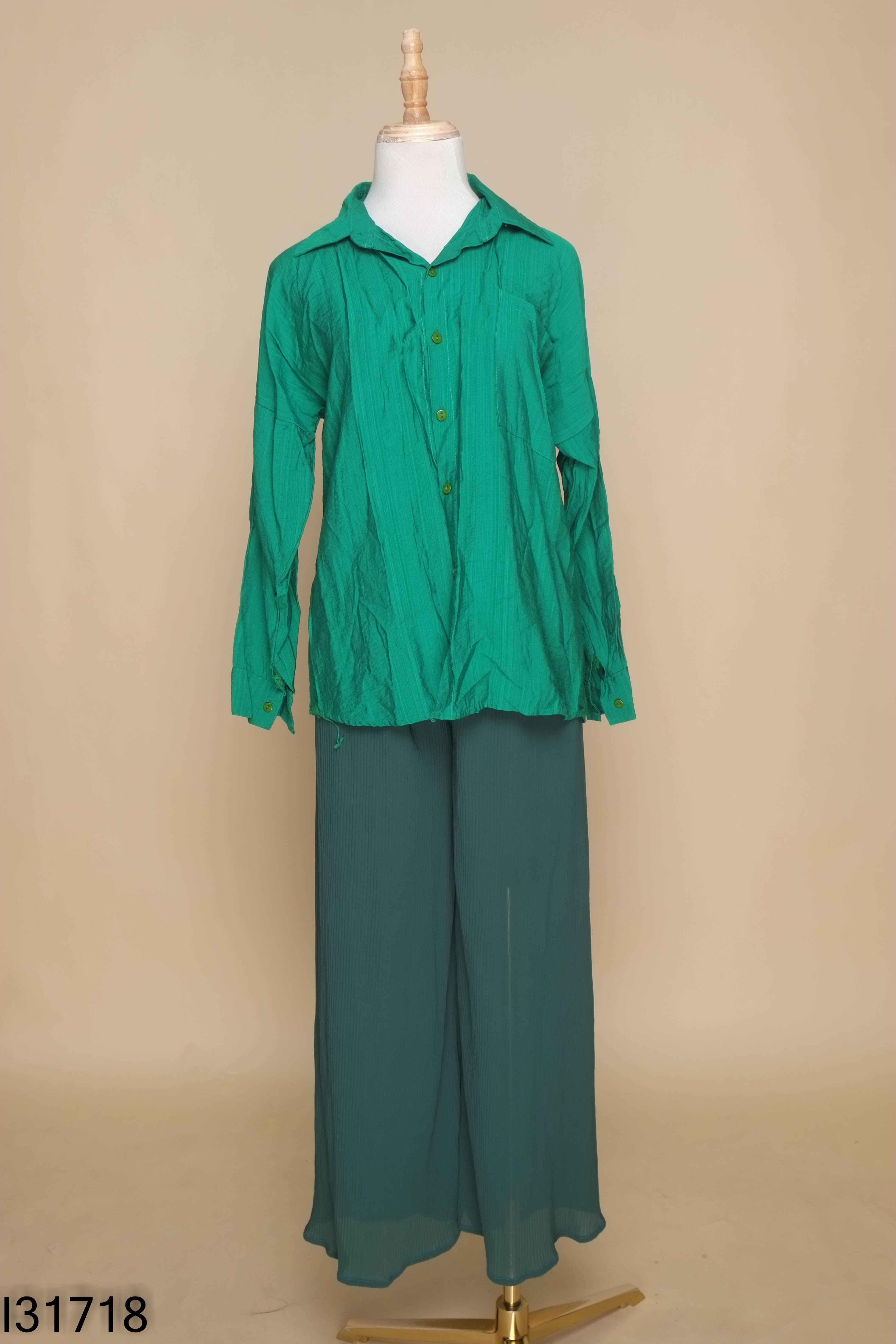 Set xanh áo sơ mi+quần xếp li