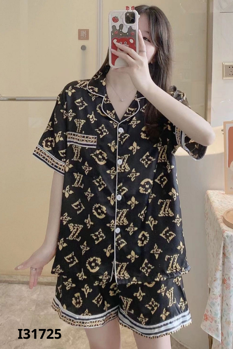 Set ngủ lụa đen họa tiết+quần