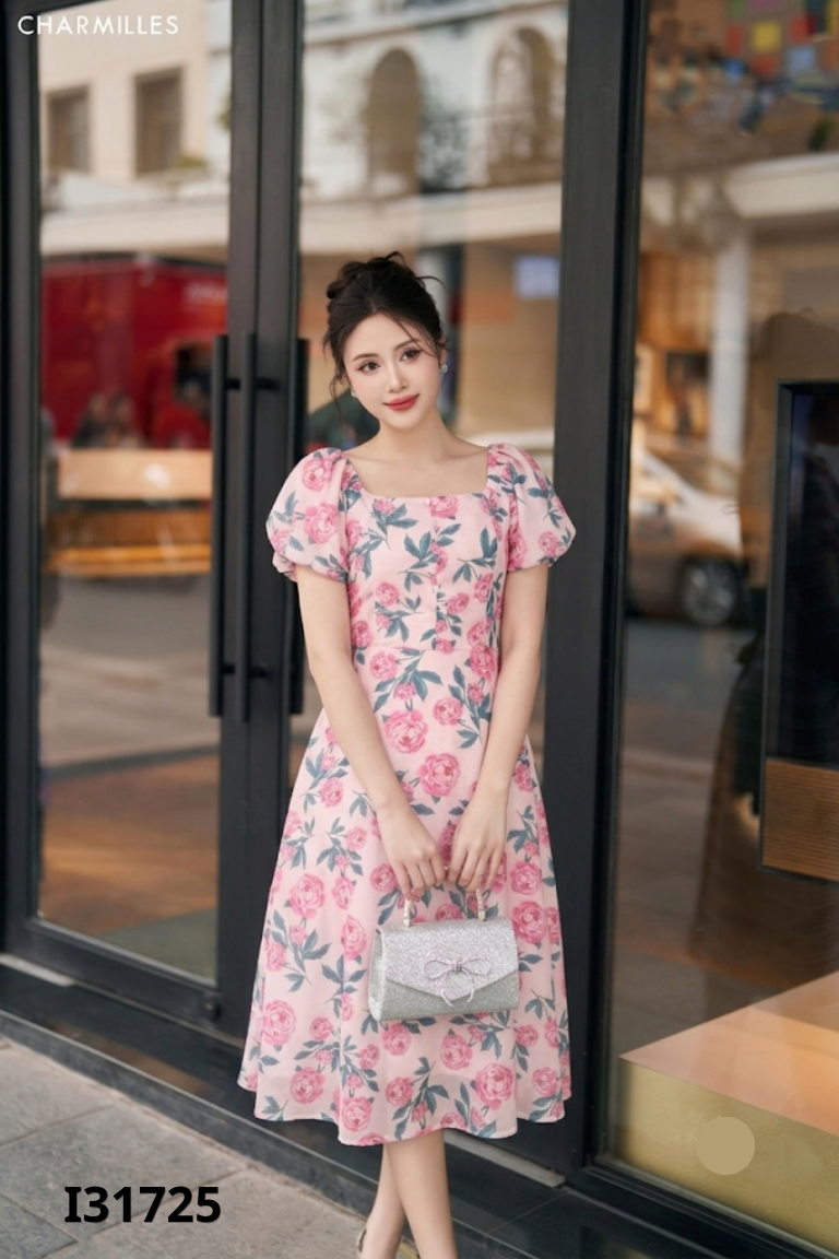 Váy đũi hồng hoa tay bồng