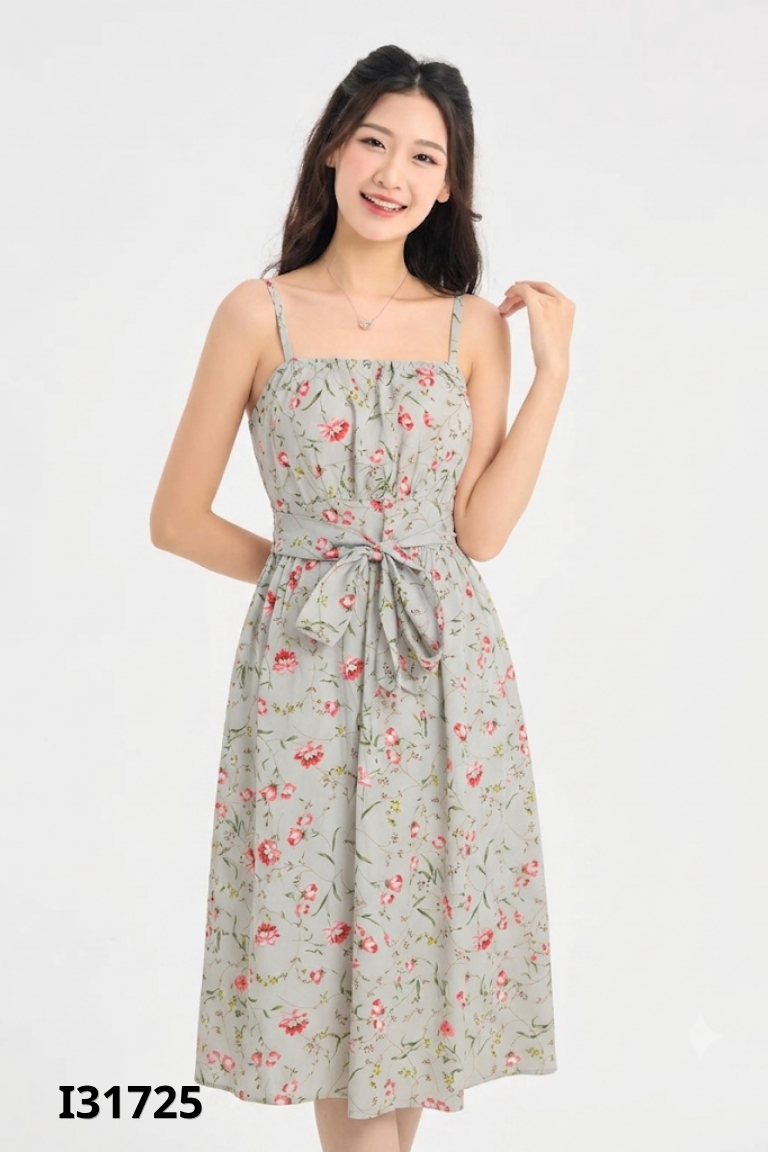 Váy dây xanh hoa nhún lưng