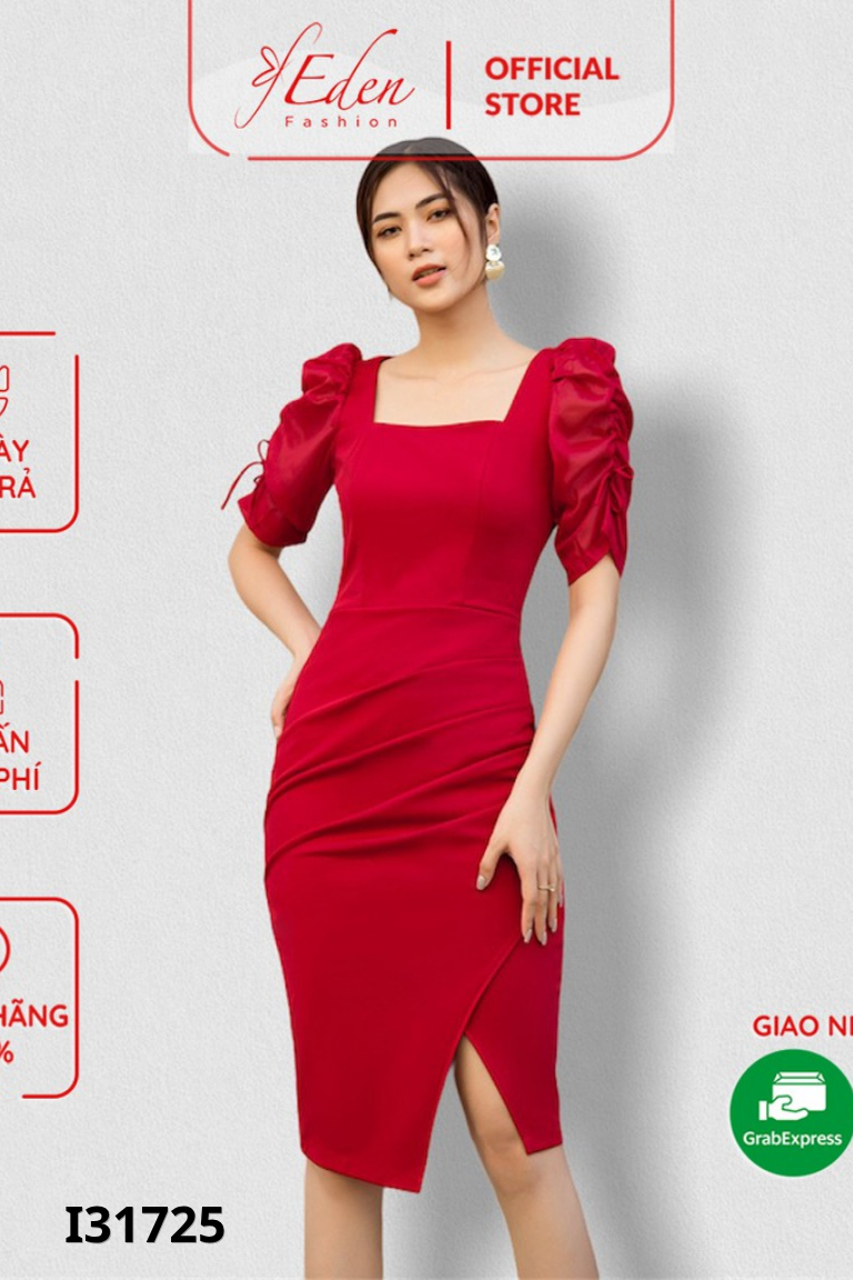 Váy đỏ cổ vuông rúm hông