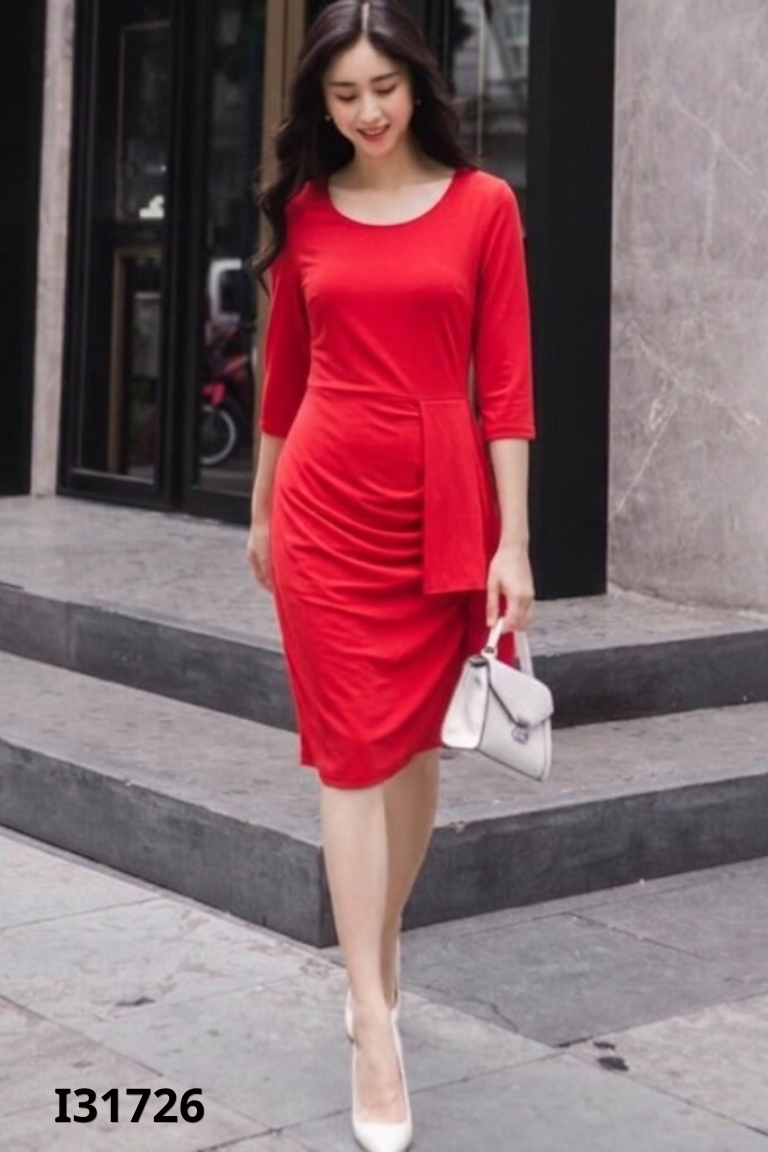 Váy đỏ LAMANIA cổ thuyền nhún hông