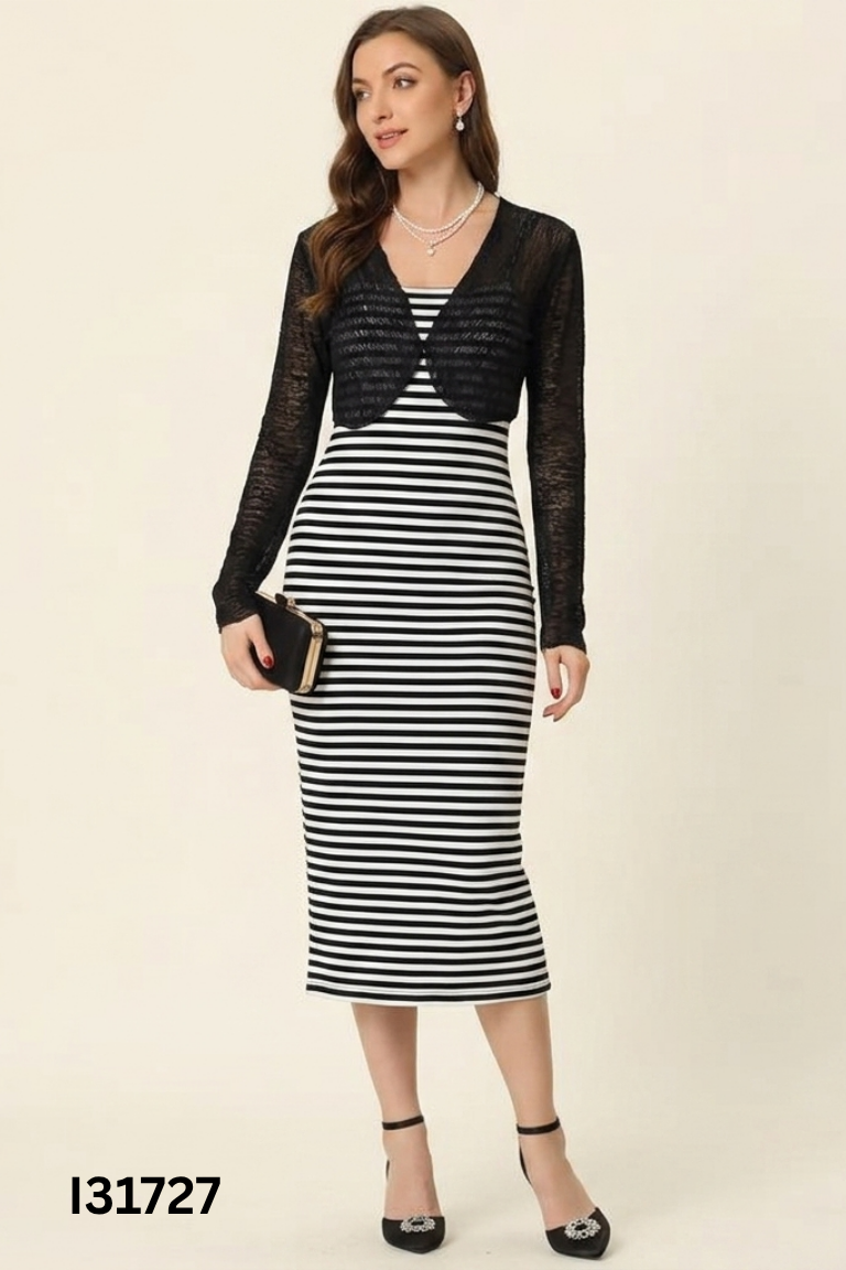 NEWTAG set váy body đen kẻ+choàng lưới
