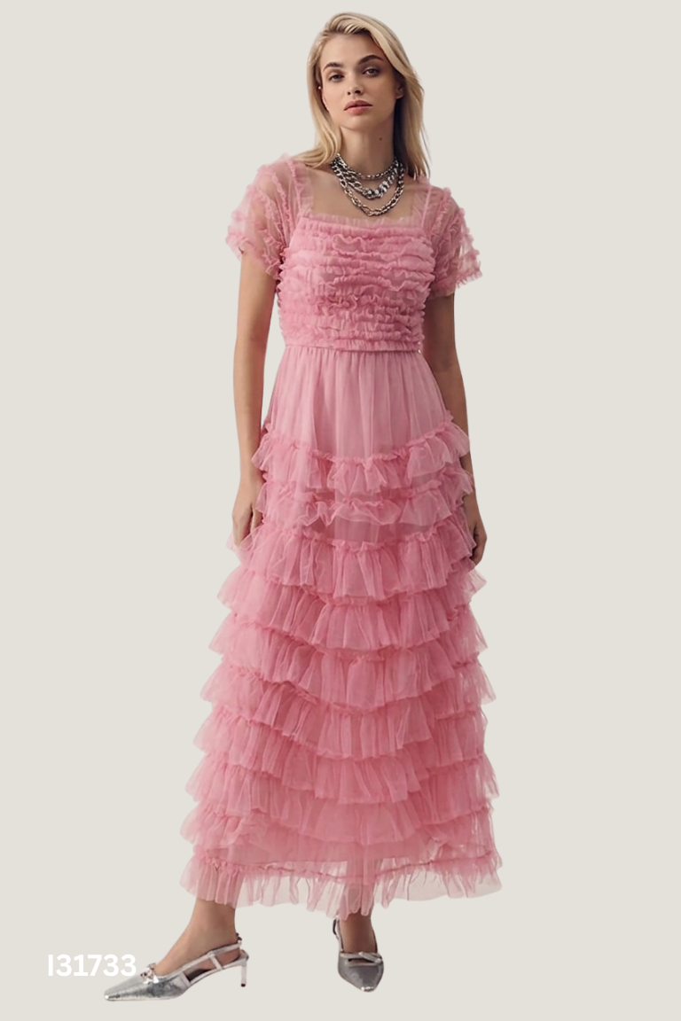 Váy hồng lưới dài NEW FASH