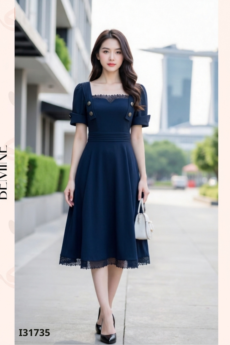 Váy xanh than ASM ANNA viền ren đính khuy