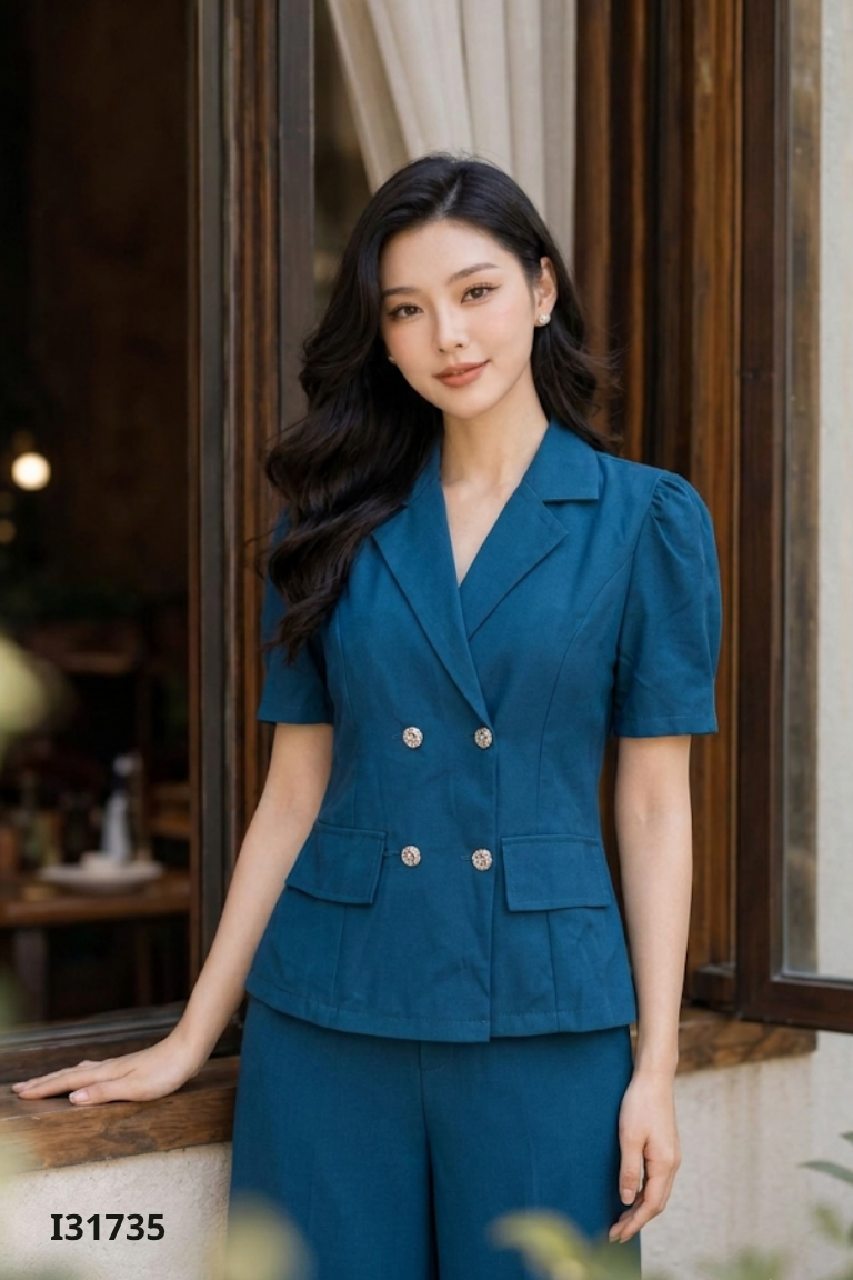 Áo xanh cổ vịt QUEEN HOUSE đính khuy