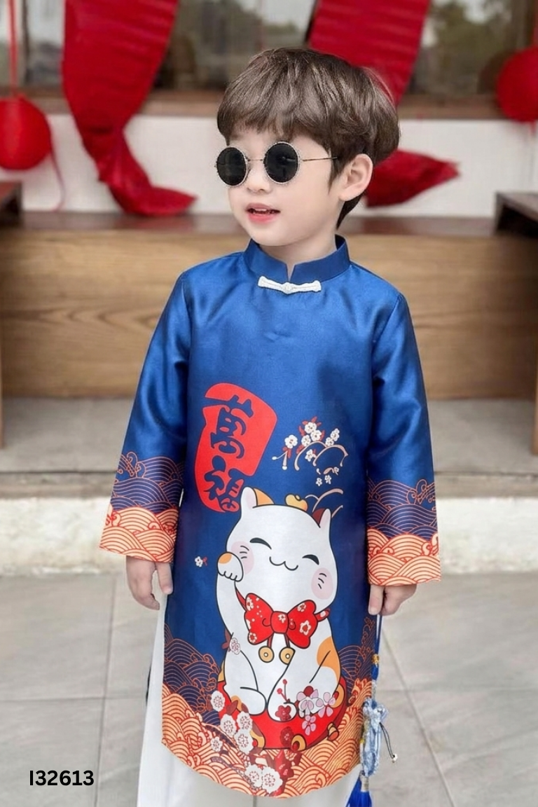 Áo dài gấm xanh họa tiết KIDS