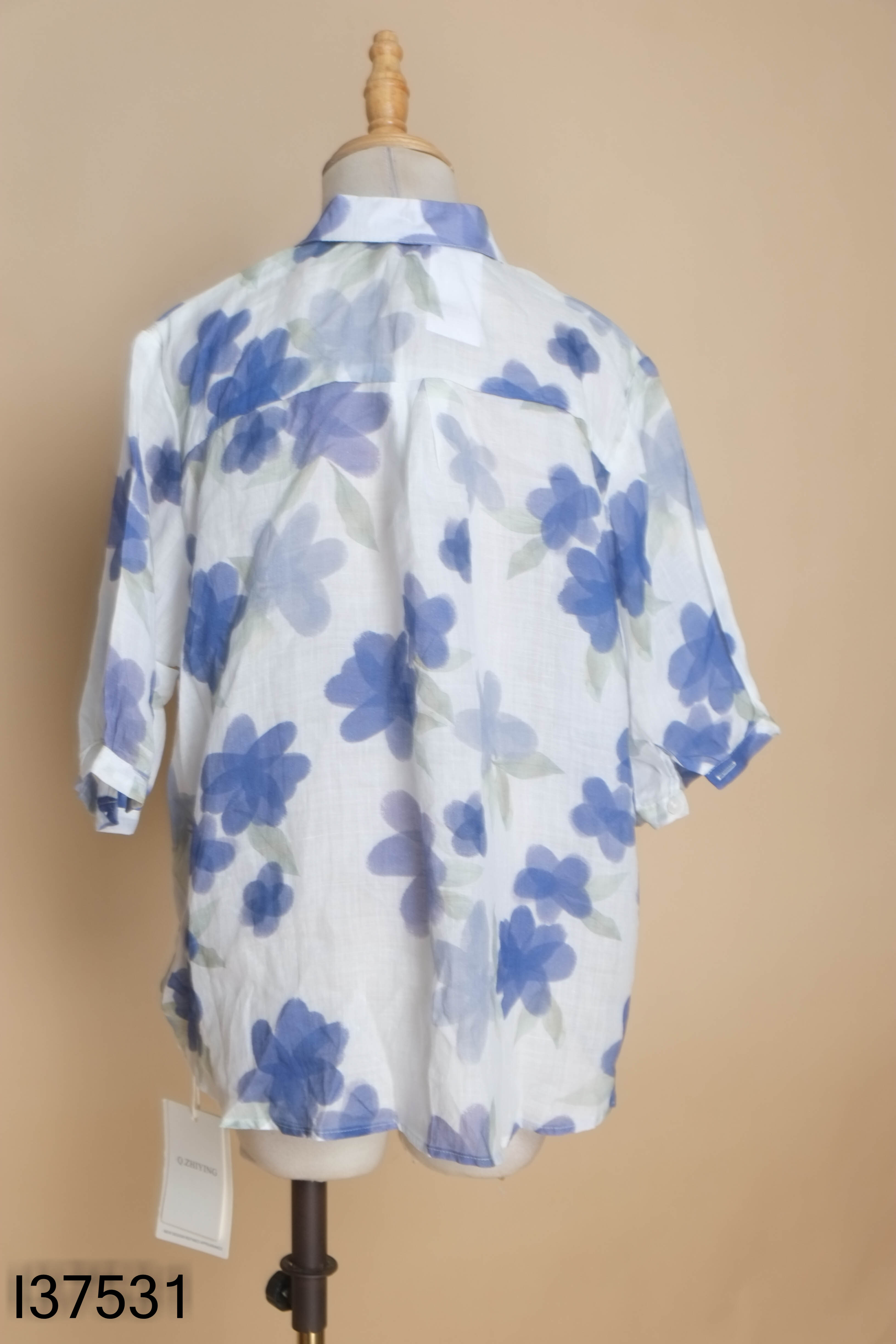 NEWTAG Áo sơ mi linen trắng hoa xanh