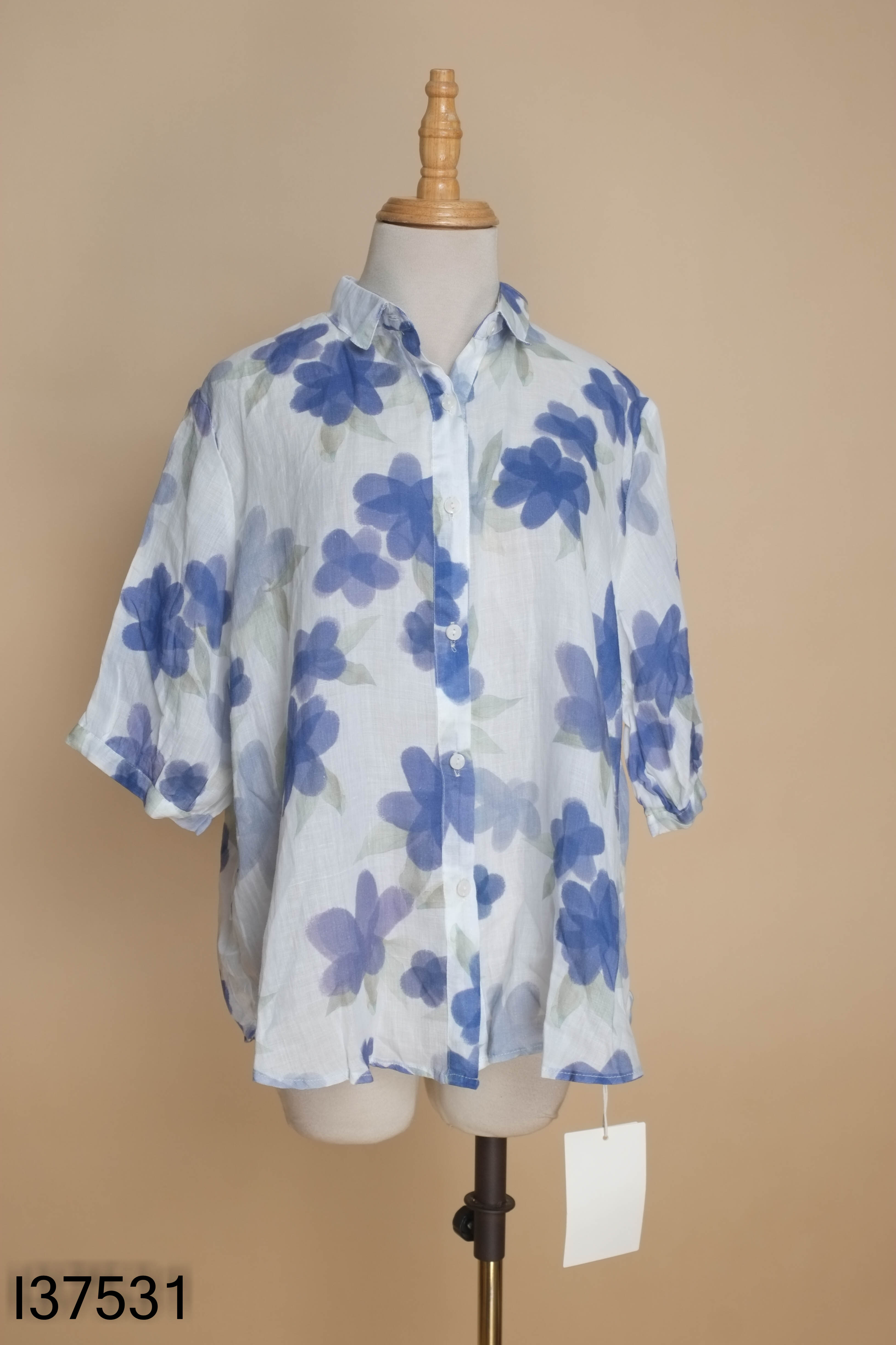 NEWTAG Áo sơ mi linen trắng hoa xanh