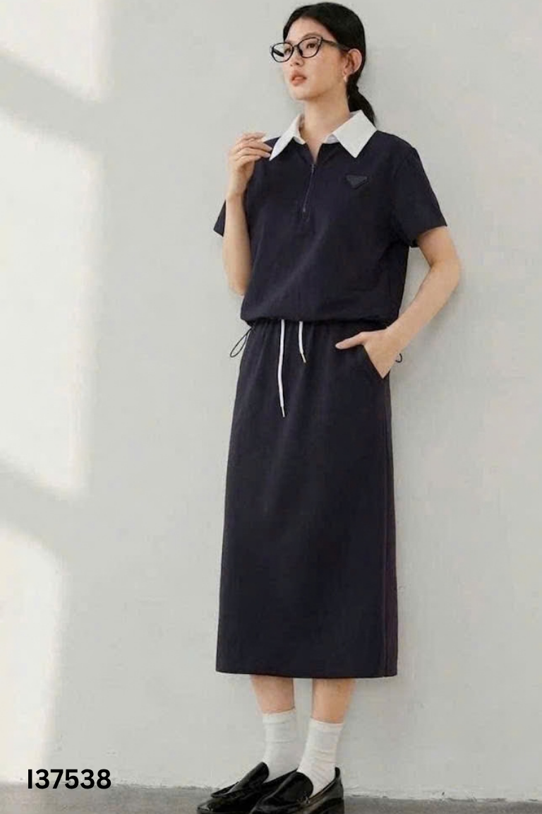 Set áo + chân váy xanh than cổ trắng