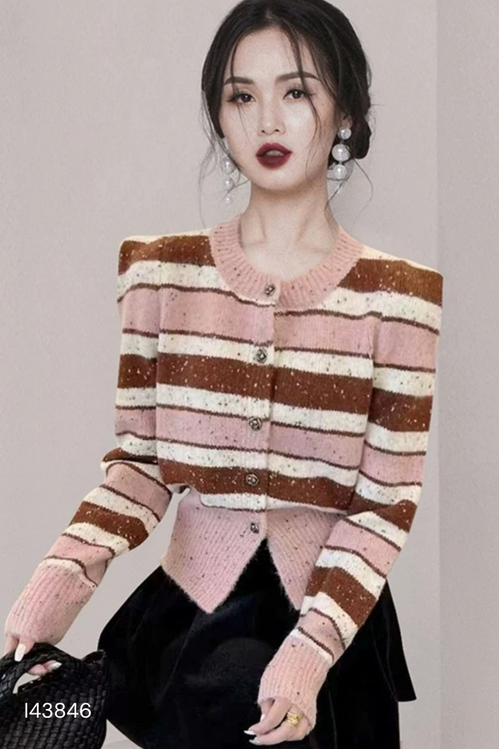 Áo cardigan len hồng phối be+nâu