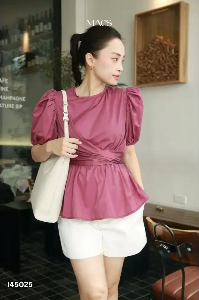 Áo tím tay phồng xoắn eo