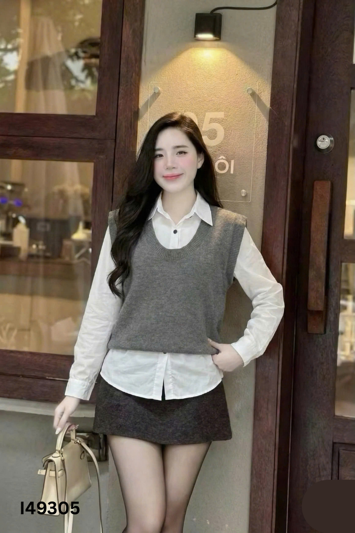 Áo gile xám mix sơ mi trắng