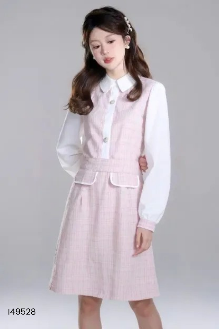 váy dạ hồng kẻ phối trắng