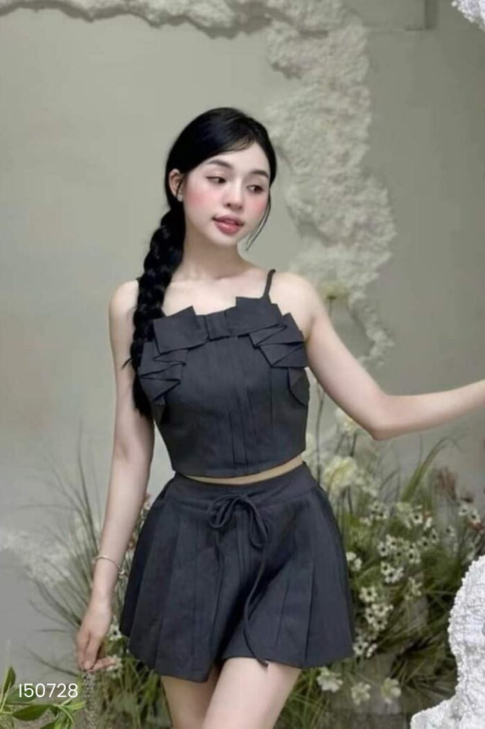 Set Áo hai dây xám phối nơ + chân váy
