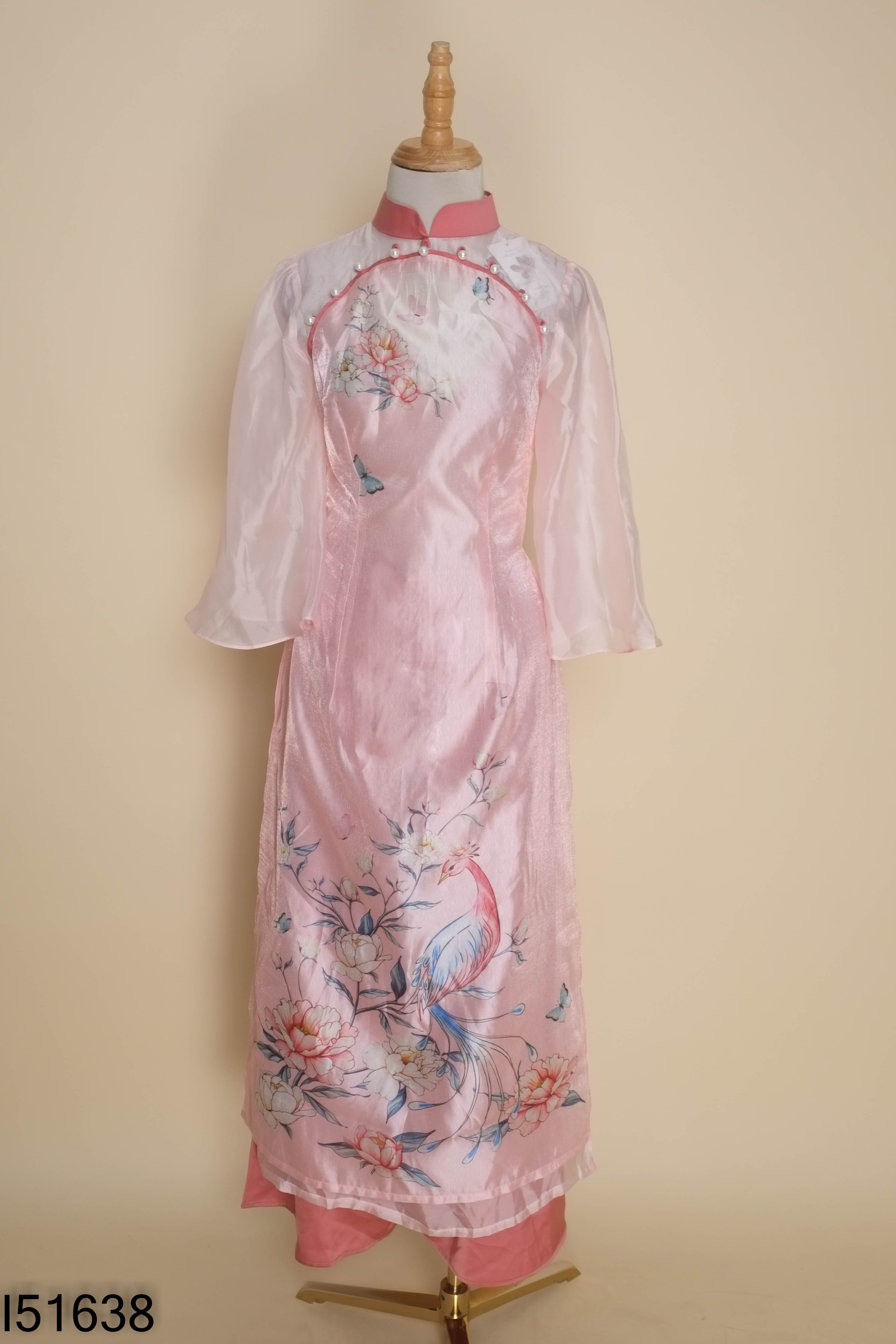 NEWTAG set áo dài họa tiết+ quần lụa hồng