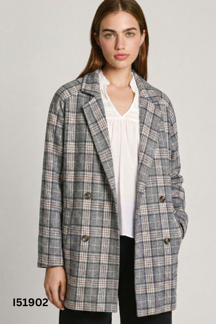 Áo blazers xám kẻ trắng