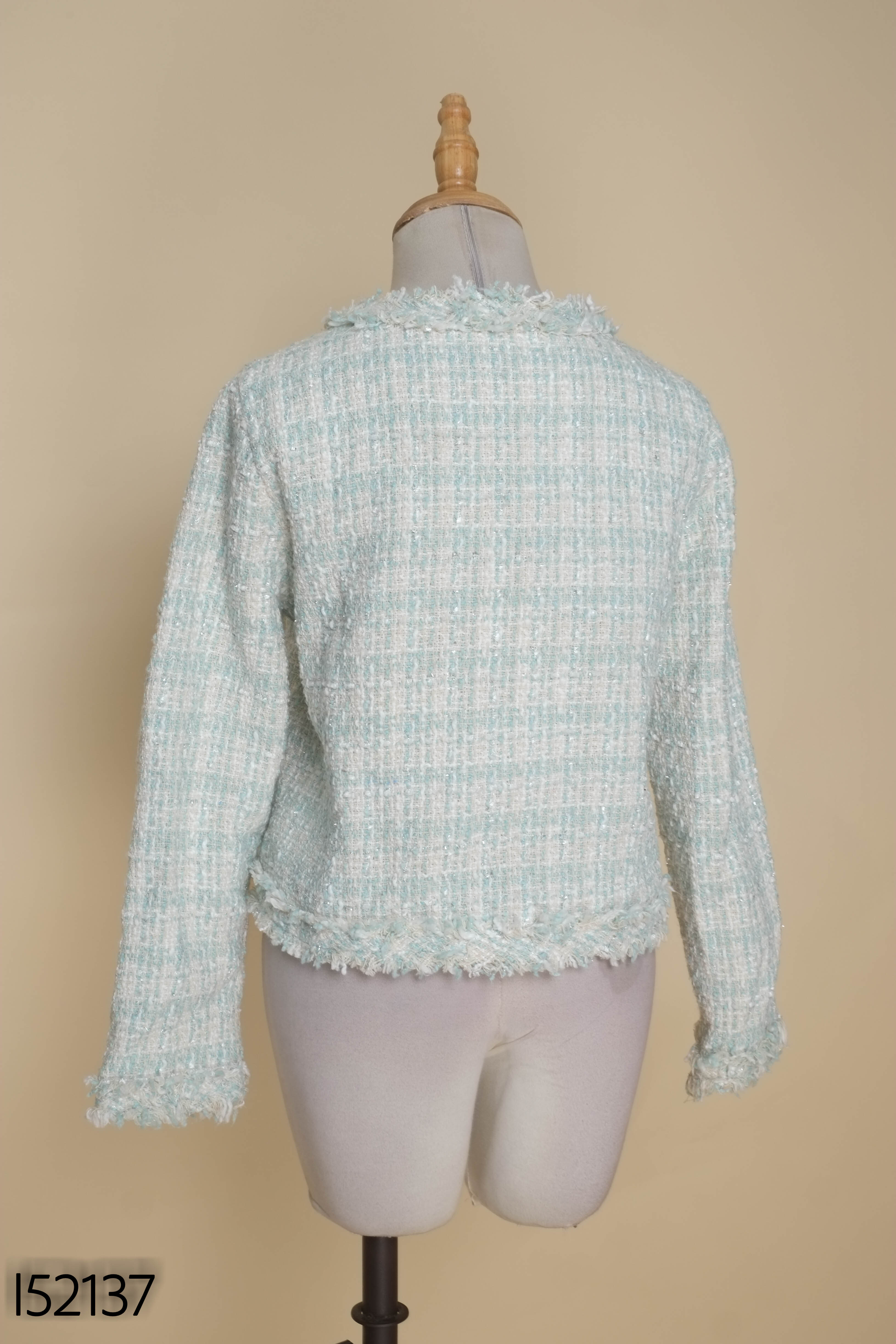 Áo tweed len xanh mix trắng cúc sáng