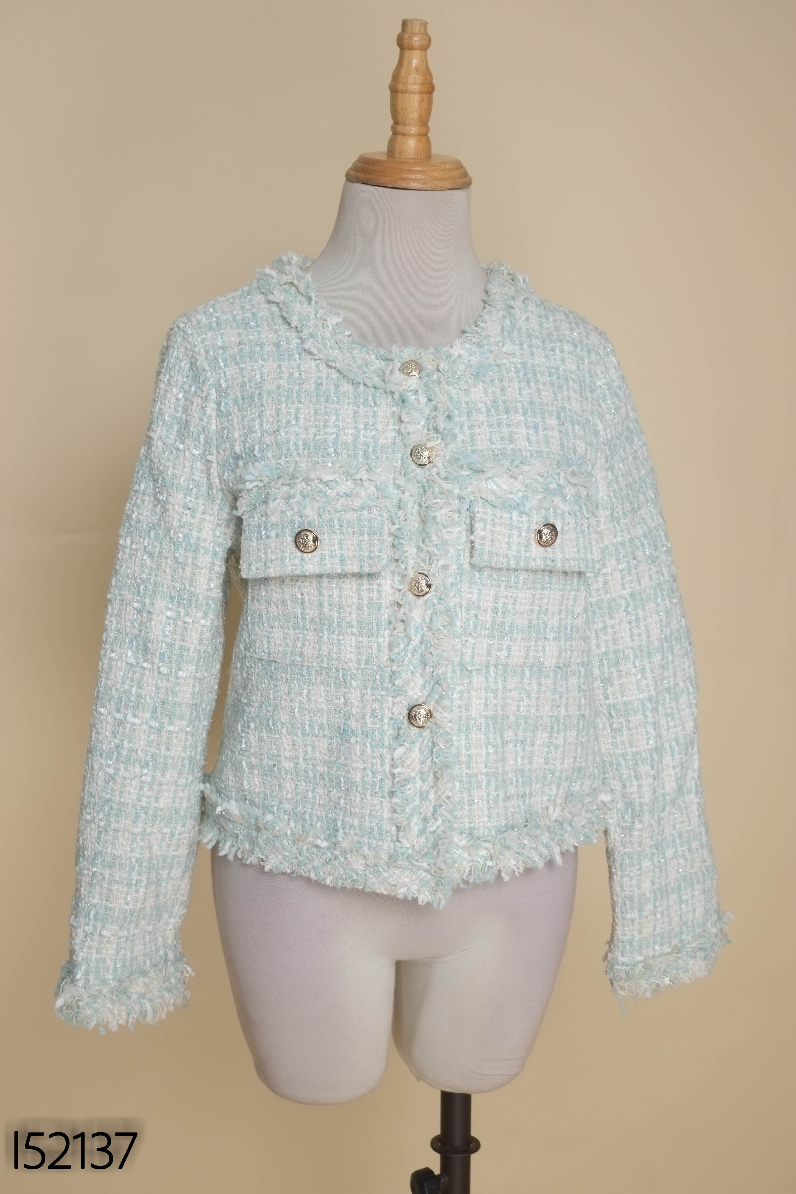Áo tweed len xanh mix trắng cúc sáng