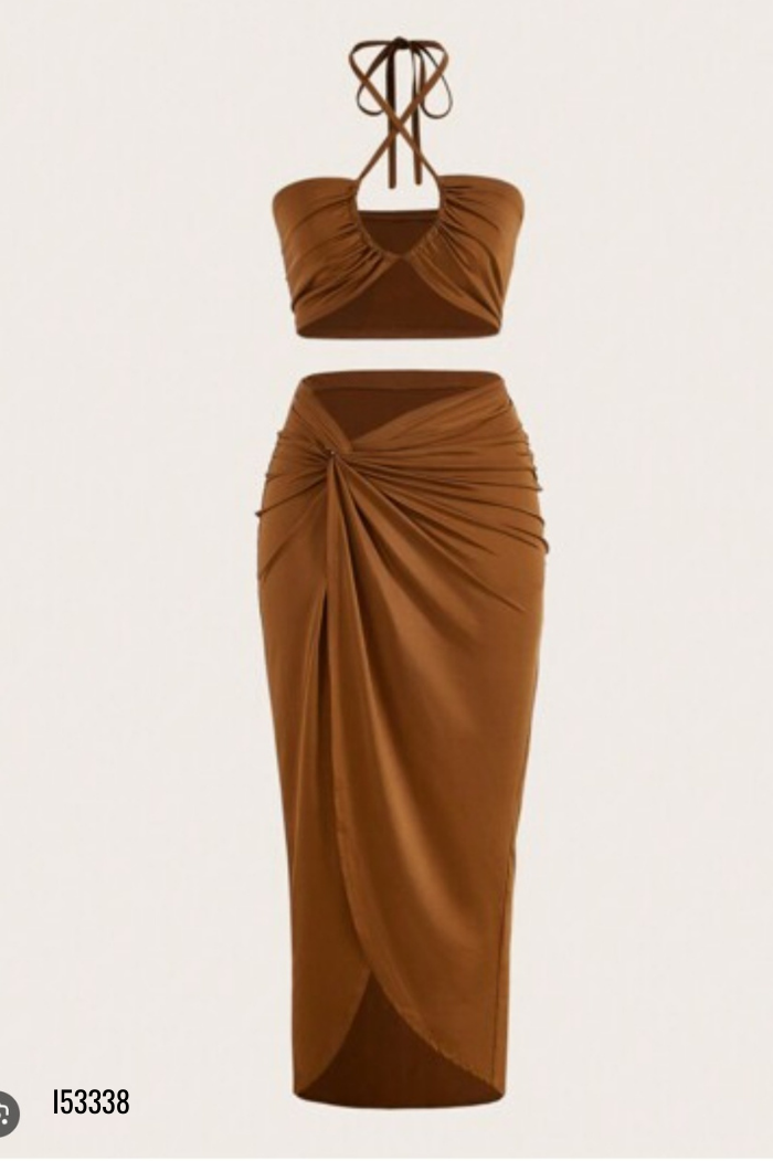 Set Áo quây SHEIN nâu + chân váy xoắn eo